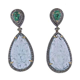 14K Gold Silver Diamond Carved Aquamarine Emerald Earrings