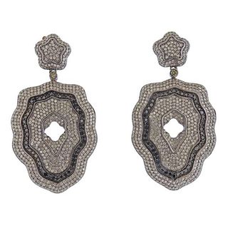 14K Gold Silver Black White Diamond Cocktail Earrings
