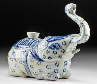 19th C. Thai Blue-on-White Pottery Kendi, Elephant Form