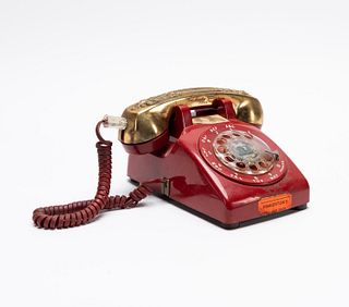 RED ROTARY DIAL PHONE WITH GOLD PLATED COVER, 1969