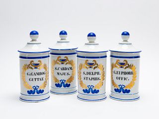 SET OF 4, FRENCH PORCELAIN APOTHECARY JARS, GILT