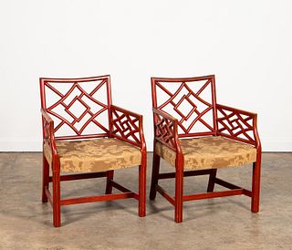 PAIR, RED PAINTED CHINESE CHIPPENDALE ARMCHAIRS