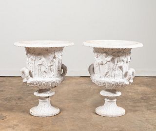 PAIR, CLASSICAL-STYLE WHITE CAST IRON GARDEN URNS