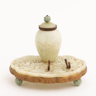 CHINESE CELADON NEPHRITE INKWELL & PEN REST