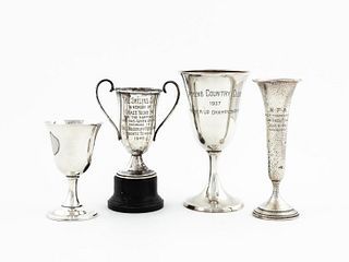 THREE AMERICAN SILVER TROPHIES & A WINE GOBLET