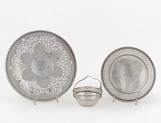 AMERICAN SILVER PIERCED PLATE, COMPOTE, AND BASKET