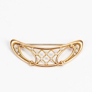 ART NOUVEAU STYLE 14K YELLOW GOLD & PEARL BROOCH