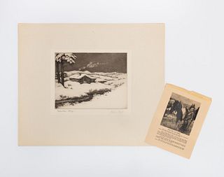 OLIVE FELL, "WINTER DAY" WESTERN ETCHING, SNOW
