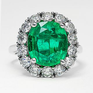 18K WG 5.81ct Zampian Emerald Diamond Halo Ring