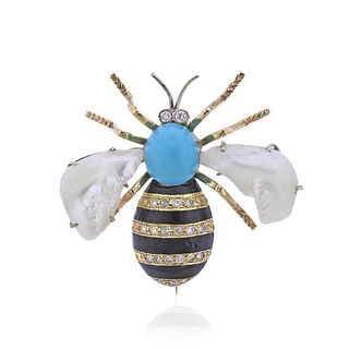 14k Gold Turquoise Diamond Pearl Insect Bee Brooch