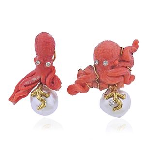 Maz 18k Gold Coral Pearl Diamond Octopus Earrings