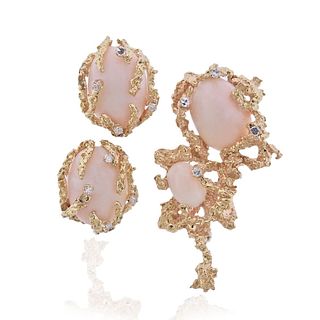 1970s 14k Gold Angel Skin Coral Diamond Earrings Brooch Set