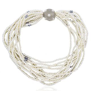 Trianon Pearl Frosted Crystal Sapphire Gold Necklace