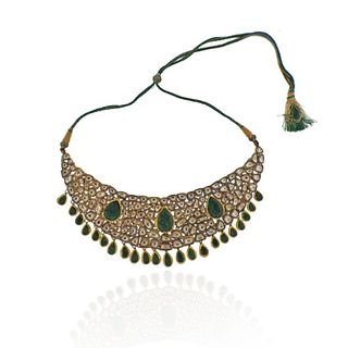 Indian Gold Diamond Emerald Polki Kundan Enamel Meenakari Work Necklace