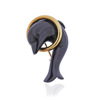 Tiffany & Co 18k Gold Onyx Dolphin Brooch Pin