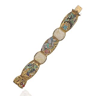 Art Nouveau 18k Gold Gem Set  Diamond Bracelet
