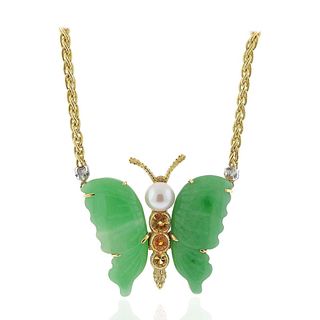 Buccellati Jade Pearl Citrine Gold Butterfly Necklace