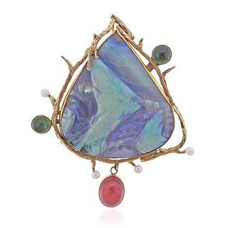 Designer Signed Gold Carved Opal Pearl Brooch  Pendant