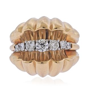 Retro 14k Gold Diamond Shell Motif Ring