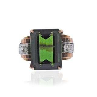 Retro 14k Gold Green Tourmaline Diamond Ring