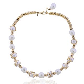 Fred Paris Baie De Anges Gold Diamond Pearl Necklace