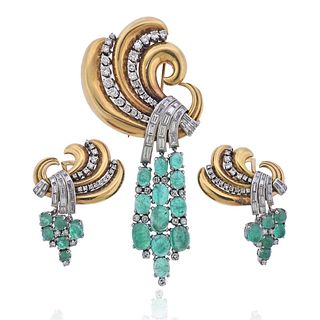 Retro 20ctw Emerald 12ctw Diamond Gold Brooch Earrings Set