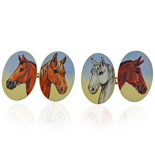 English Enamel Horse Equestrian Gold Cufflinks