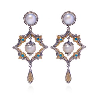 Konstantino Silver 18k Gold Pearl Blue Spinel Earrings