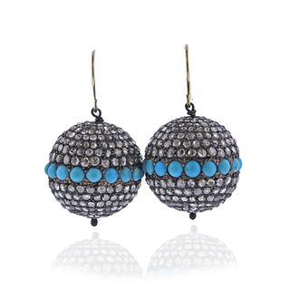 Silver Gold Rose Cut Diamond Turquoise Ball Earrings