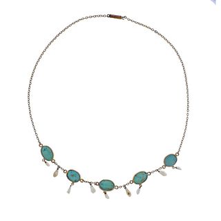 Antique Art Nouveau 14k Gold Pearl Turquoise Necklace
