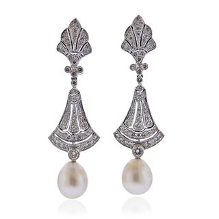 18k Gold Diamond Pearl Drop Earrings