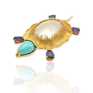 18k Gold MOP Turquoise Sapphire Turtle Brooch