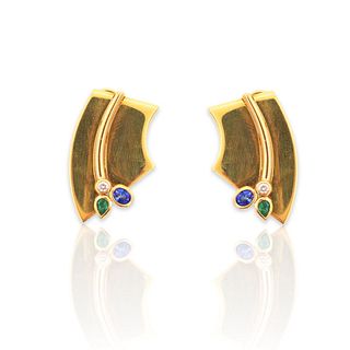 18k Gold Diamond Sapphire Emerald Earrings
