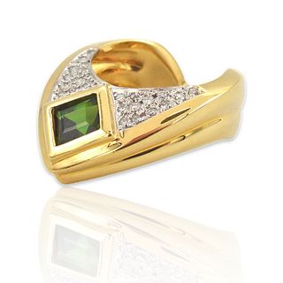 18K Yellow Gold & Platinum Diamond Tourmaline Ring 