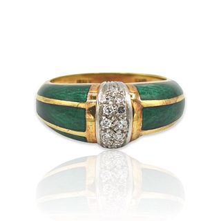 18K Yellow Gold Diamond Enamel Ring