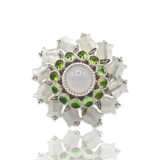 Lalique 18k White Gold Diamond Moonstone Green Tpurmaline Chalcedony Ring