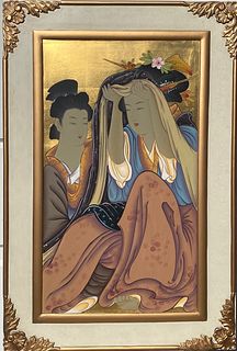 A Framed Japanese Painting on Wood