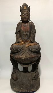 A Carved Wooden Guanyin Statue. Height: 118 cm