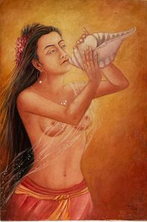 A modern art painting of a Yogi girl holding a con