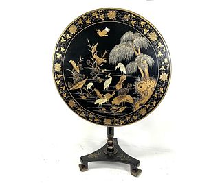 ANTIQUE ROUND BLACK LACQUERED FLIP TOP TABLE