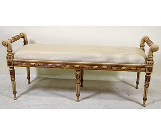 HAND CARVED FRENCH STYLE UPHOLSTERED BENCH