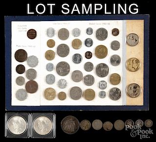 Assorted coins, to include approximately fifty Indian Head pennies, two 1923 silver Peace dollars