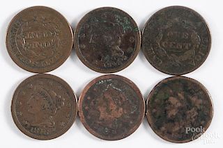 Six large cents of varying conditions, to include an 1826 AG-G, an 1838, cull, an 1846 G-VG, an 1846