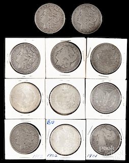Eleven Morgan silver dollars, to include three 1901 O, two 1901 S, two 1902, and four 1902 O, G-AU.