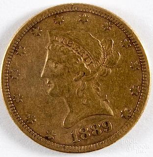 Liberty Head gold ten dollar coin, 1889 S, VF.