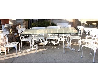CAST IRON GLASS TOP PATIO TABLE WITH 6 CHAIRS