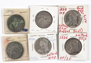 Six Capped Bust silver half dollars, to include an 1824, AG-G, an 1826, VF-XF, with a 1/2'' scratch