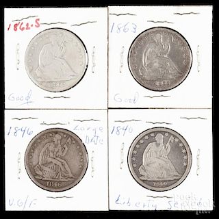Four Seated Liberty silver half dollars, to include an 1840, G-VG, an 1846 (large date), F, an 1862