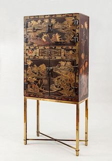 Chinese Black Lacquer and Parcel-Gilt Cabinet on Brass Stand