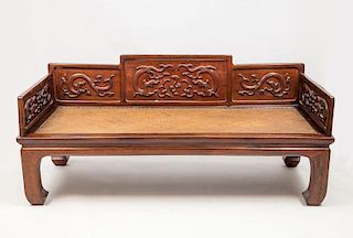 Chinese Carved Hardwood and Seagrass Opium Bed